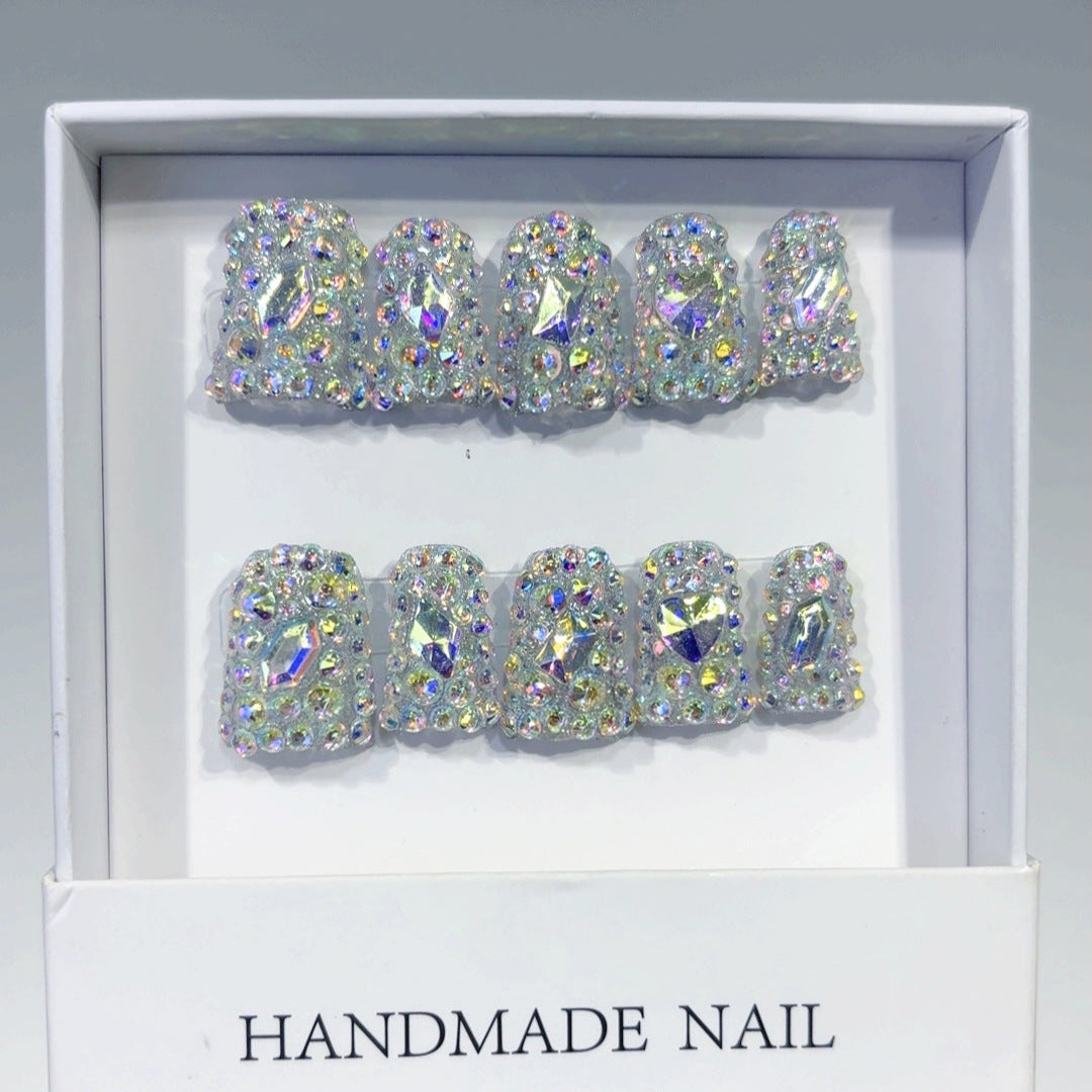 Diamond Dazzle: "Aurora Crystal" – Short Square Handmade Press On Nails