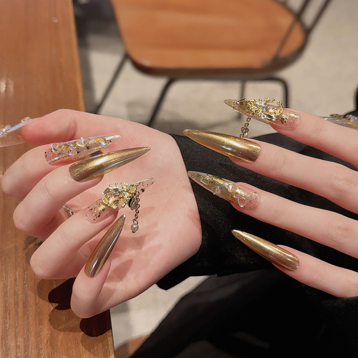 Gilded Cascade by Gattina, luxury hand-crafted press-on nails