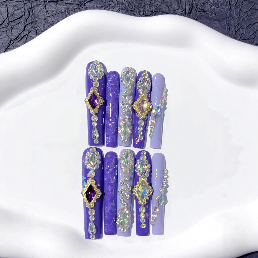 Purple Crystal Embellished Extra Long Press On Nails – Image 2