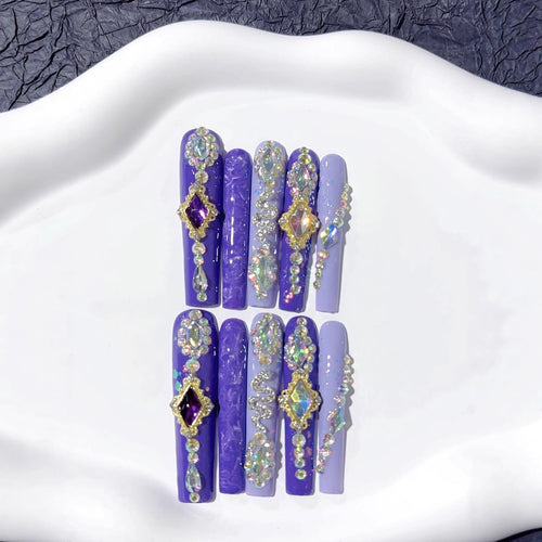 Purple Crystal Embellished Extra Long Press On Nails – Image 2