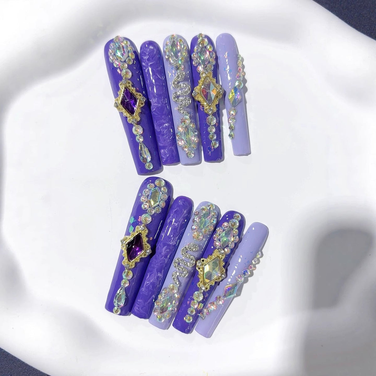 Purple Crystal Embellished Extra Long Press On Nails – Image 3