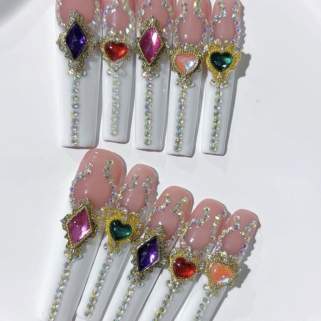 Multicolor Heart Gem Extra Long Press On Nails – Image 2