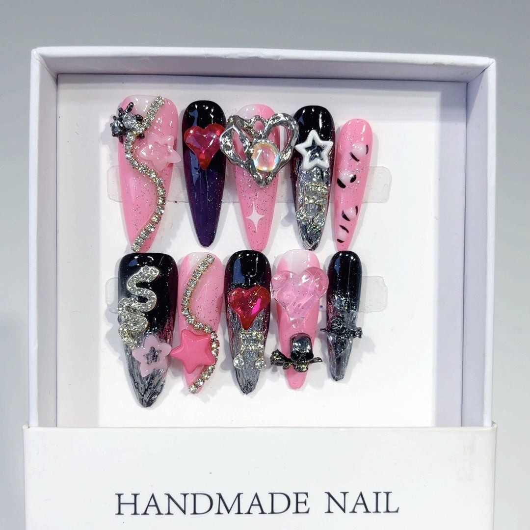 Pink Black Gothic Heart Crystal Statement Press On Nails