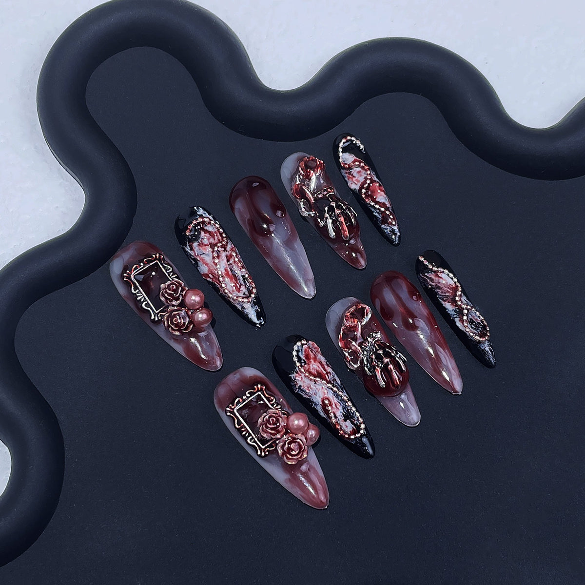 Blood Rose by Gattina, luxury hand-crafted press-on nails