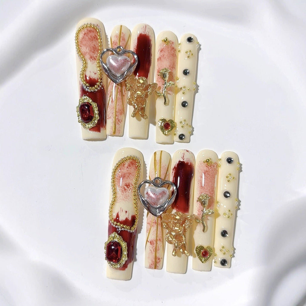 Ivory Red Baroque Heart Crystal Press On Nails – Image 3