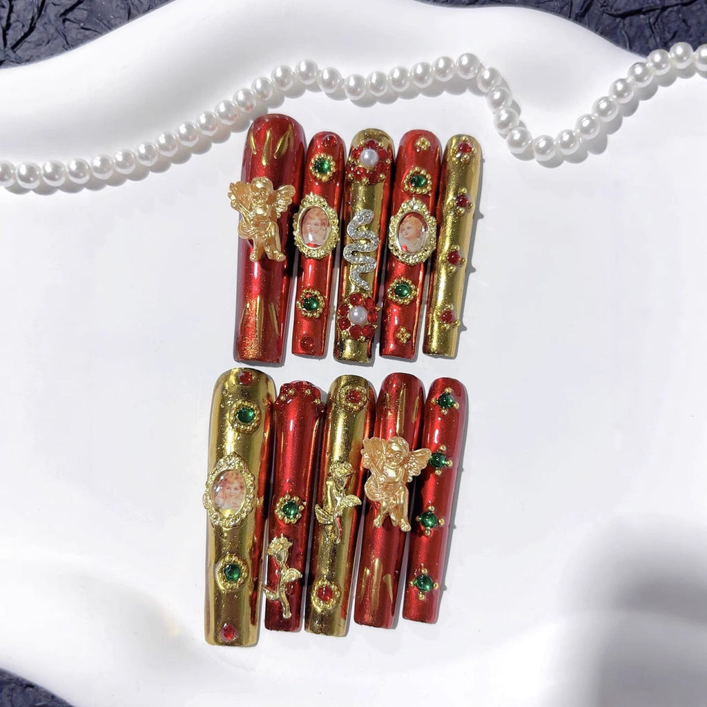 Luxury Red Gold Extra Long Coffin Press On Nails