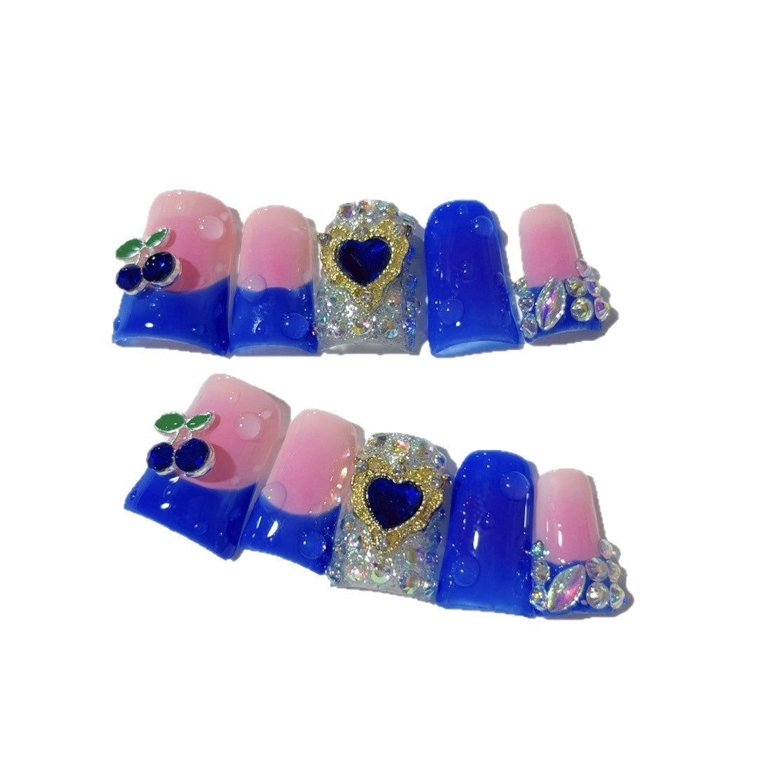 Sapphire Berry: "Royal Heart" – Short Square Handmade Press On Nails – Image 5