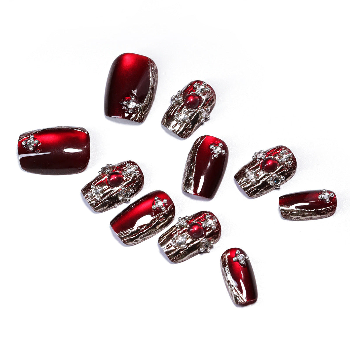 Retro light luxury gemstone cat eye manicure fake nails sub-size red press on nails flash diamond flash nail piece – Image 4