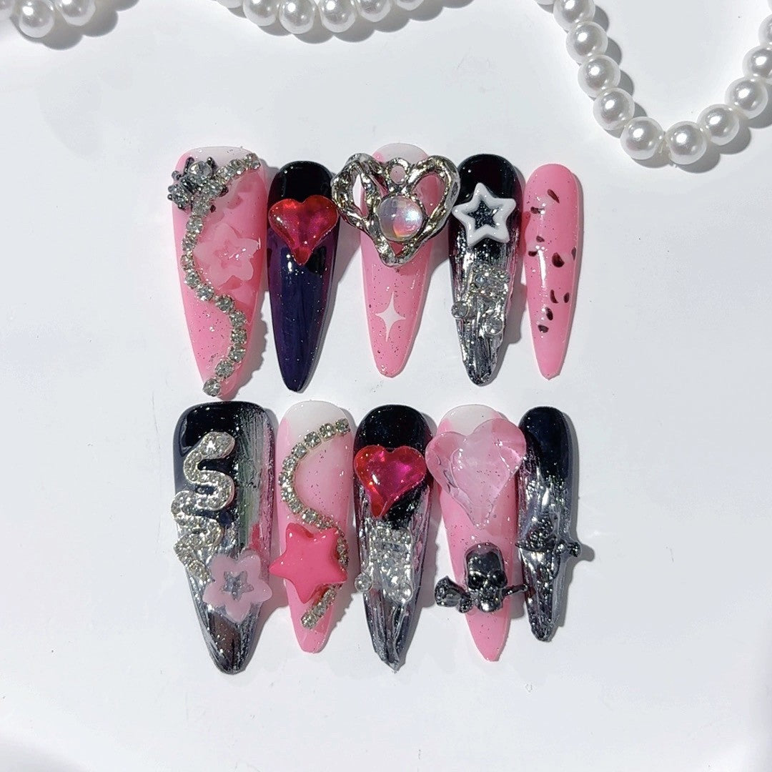 Pink Black Gothic Heart Crystal Statement Press On Nails – Image 3