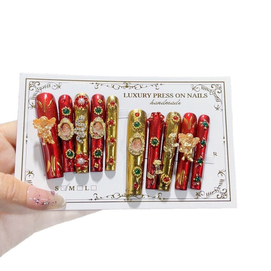 Luxury Red Gold Extra Long Coffin Press On Nails – Image 5
