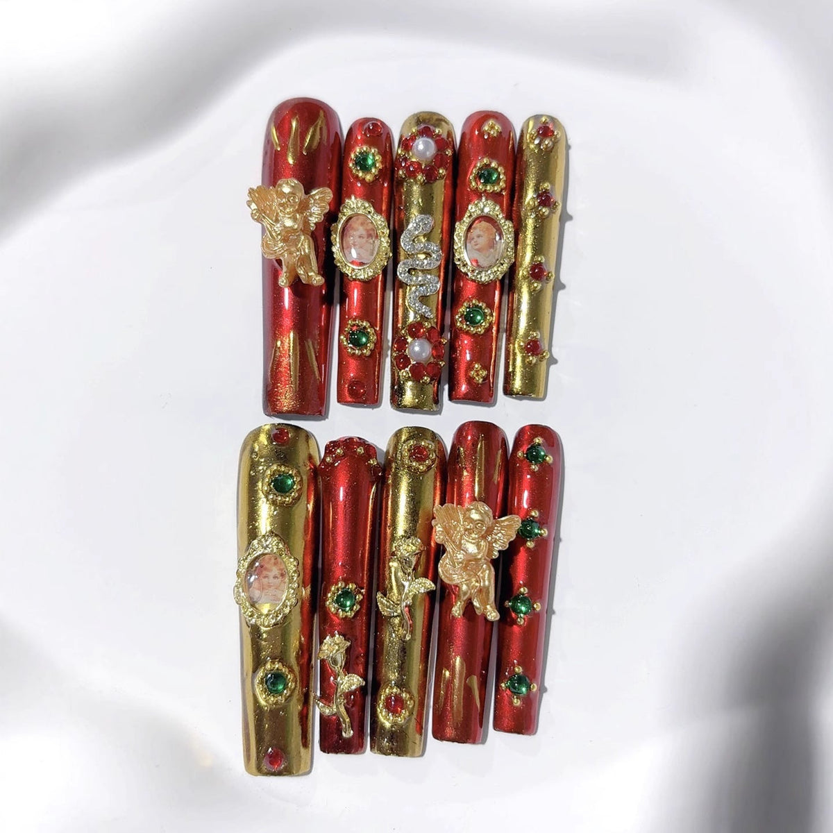 Luxury Red Gold Extra Long Coffin Press On Nails – Image 2