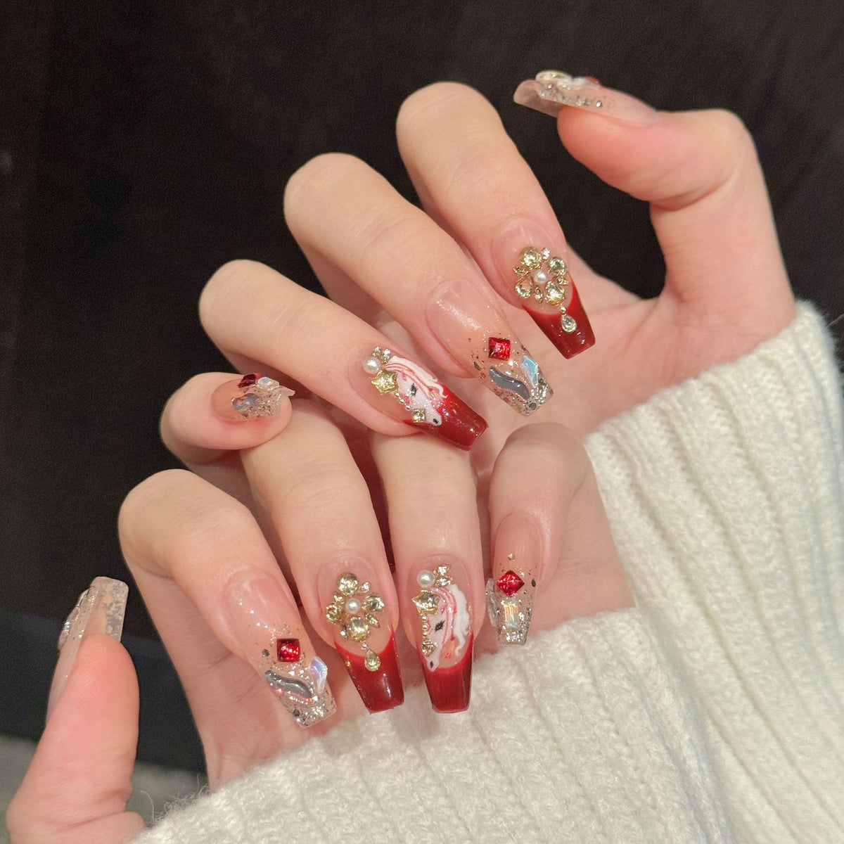 Lunar New Year Collection: "Crimson Fortune" – Long Stiletto/Long Oval Press-On Nails – Image 2