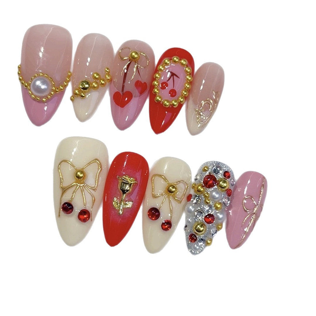Cherry Rose Gala: "Festive Bow & Bloom" – Almond Press-On Nails – Image 5