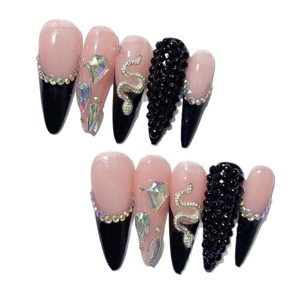 Serpent Noir: "Black French Snake" – Long Stiletto Shape Handmade Press-On Nails – Image 5