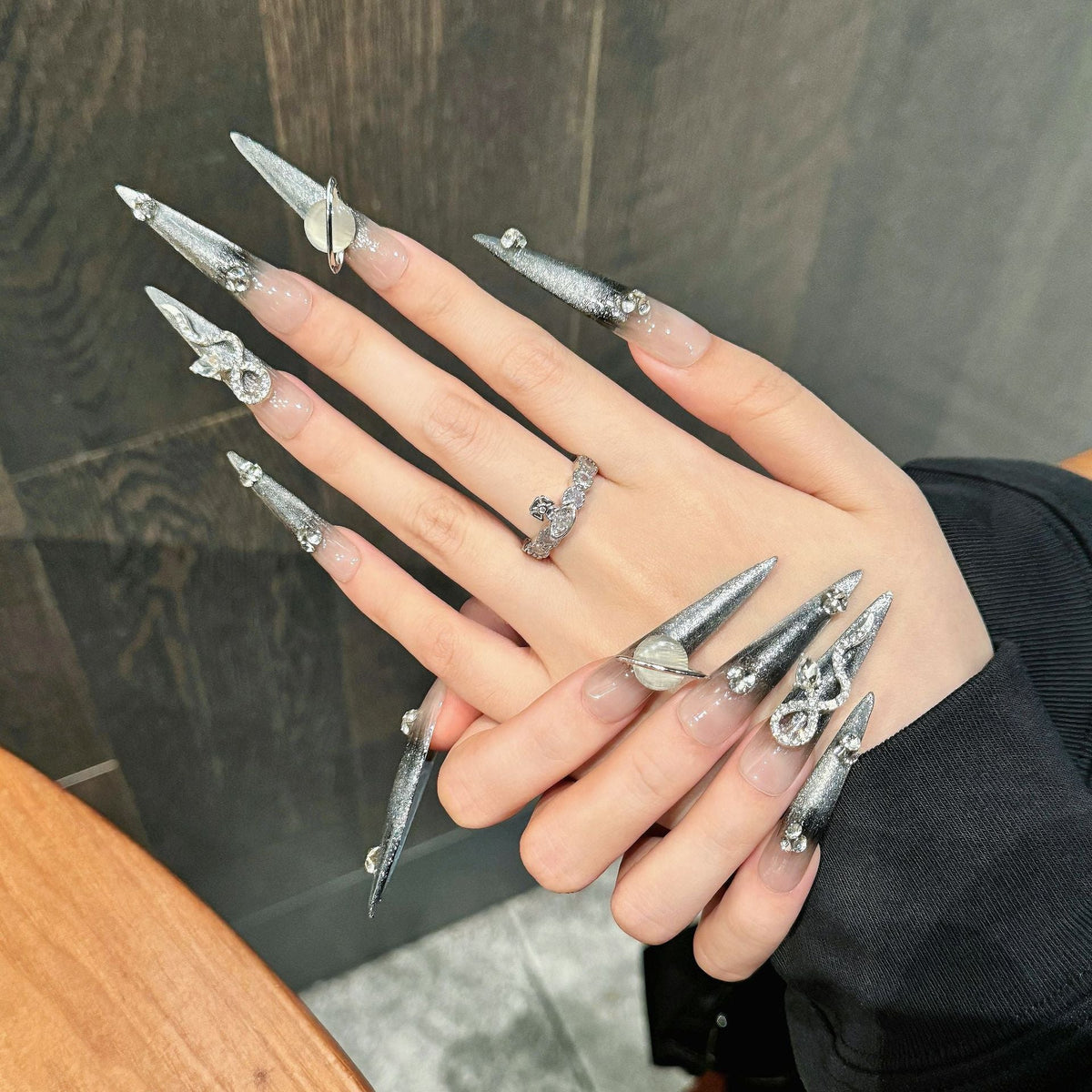 Silver Viper by Gattina, luxury hand-crafted press-on nails