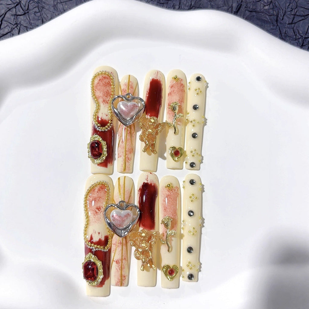 Ivory Red Baroque Heart Crystal Press On Nails – Image 2