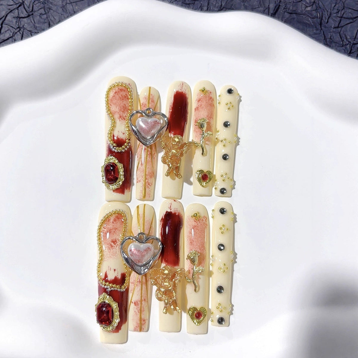 Ivory Red Baroque Heart Crystal Press On Nails – Image 2