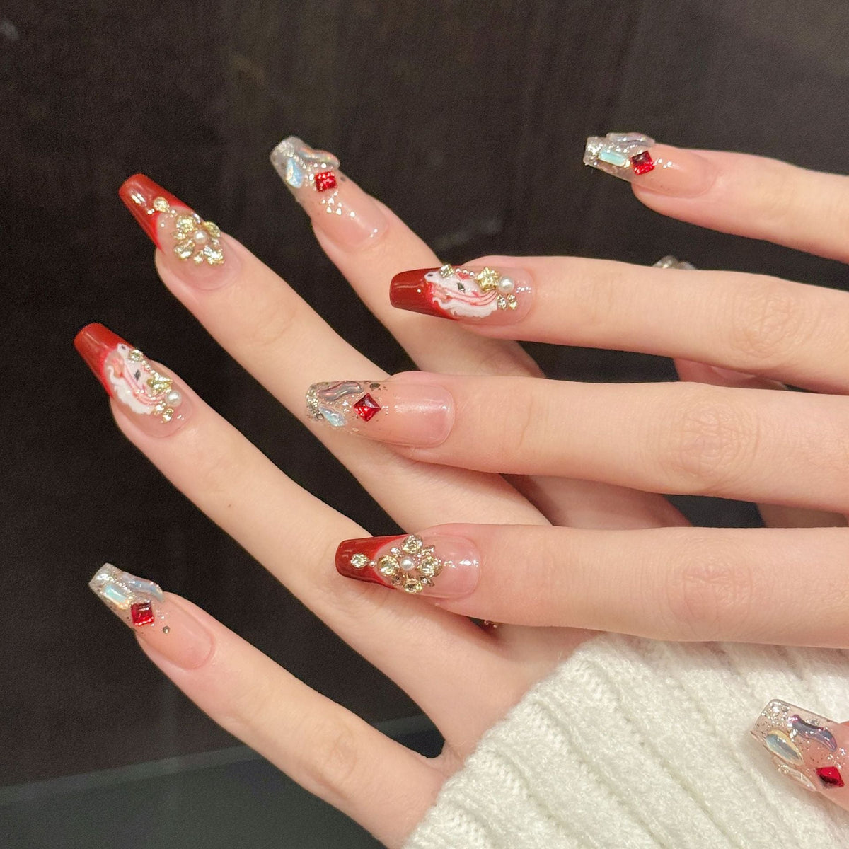 Lunar New Year Collection: "Crimson Fortune" – Long Stiletto/Long Oval Press-On Nails – Image 3