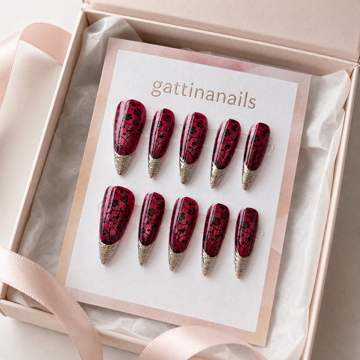 Moulin Rouge by Gattina, luxury hand-crafted press-on nails