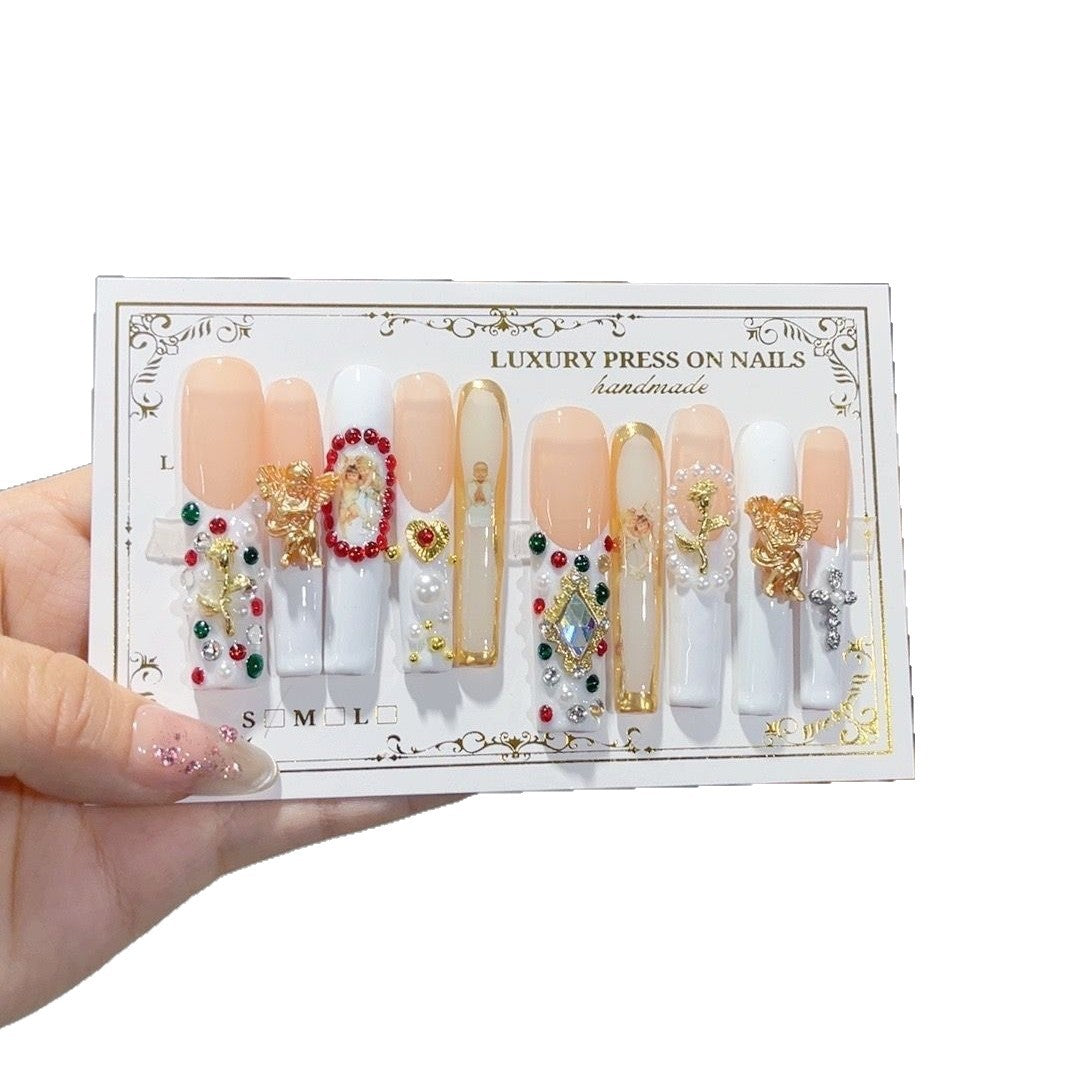 Vintage Baroque Angel Pearl Crystal Press On Nails – Image 5