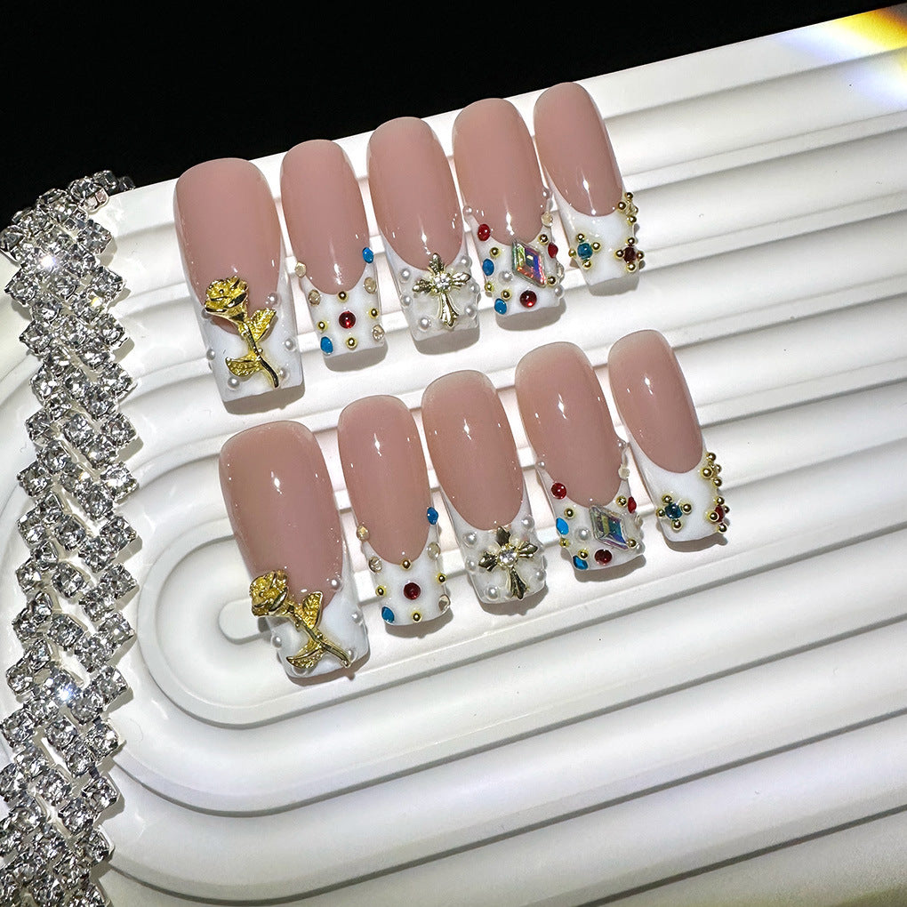Gemstone Couture Collection: "Jewel Encrusted Nude" – Medium Almond Press-On Nails – Image 4