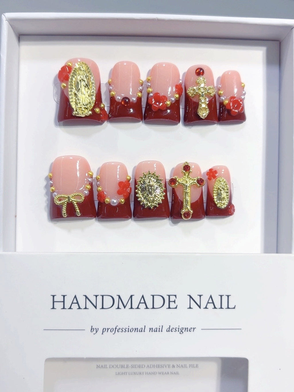 Sacred Grace: "Divine Crimson" – Short Square Press-On Nails – Image 6