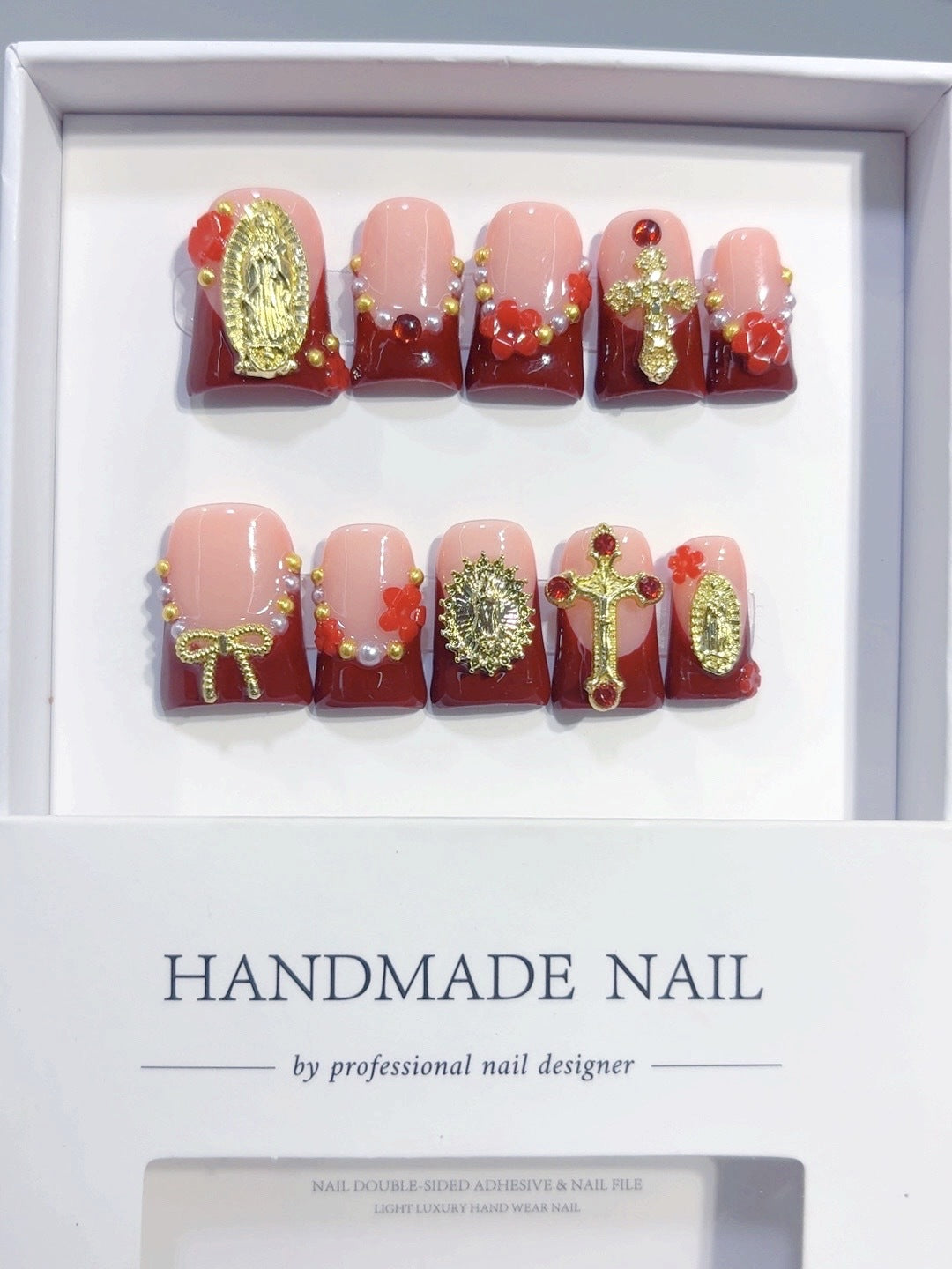 Sacred Grace: "Divine Crimson" – Short Square Press-On Nails – Image 6