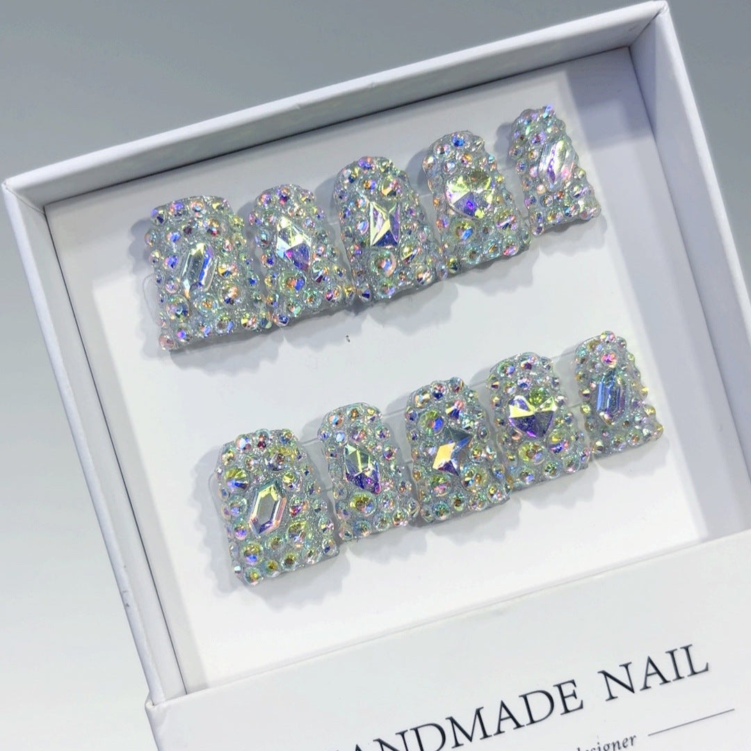 Diamond Dazzle: "Aurora Crystal" – Short Square Handmade Press On Nails – Image 2