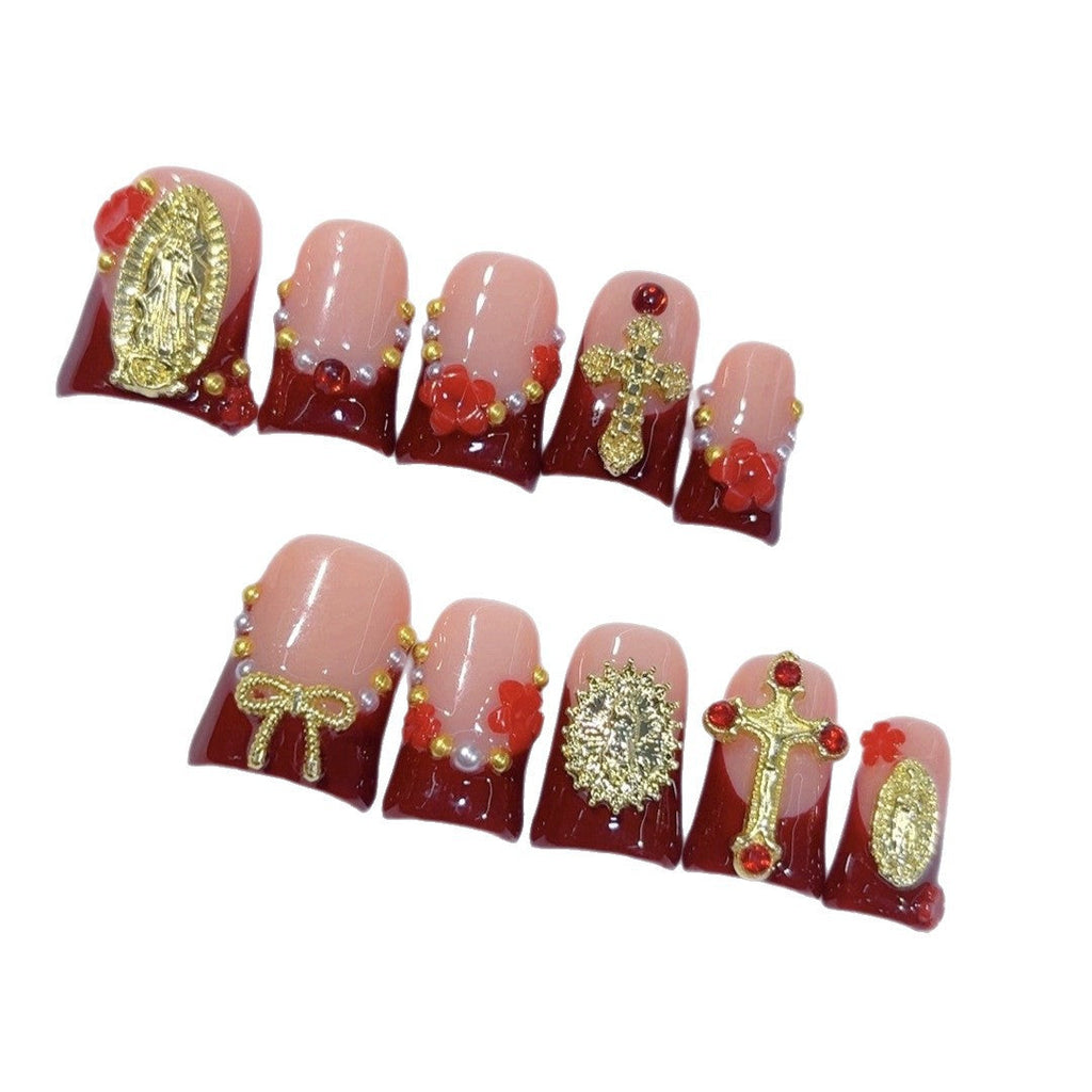 Sacred Grace: "Divine Crimson" – Short Square Press-On Nails – Image 5