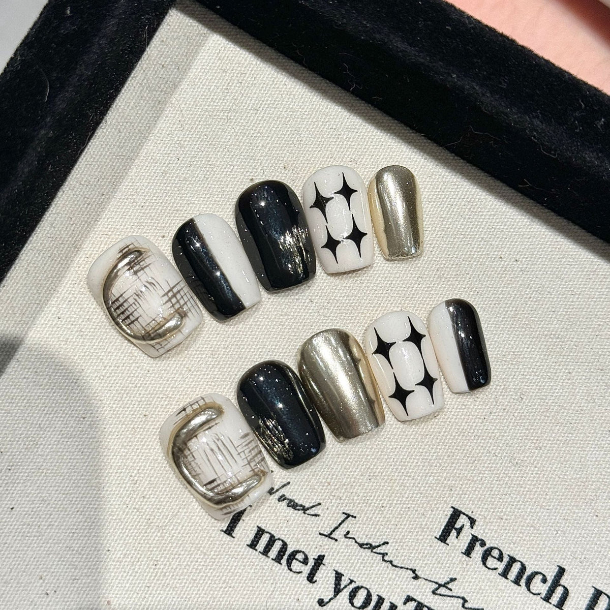 Noir Checkmate by Gattina, luxury hand-crafted press-on nails