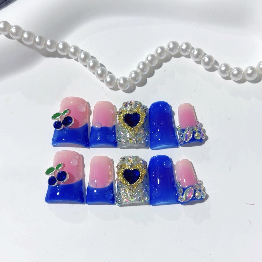 Sapphire Berry: "Royal Heart" – Short Square Handmade Press On Nails – Image 2