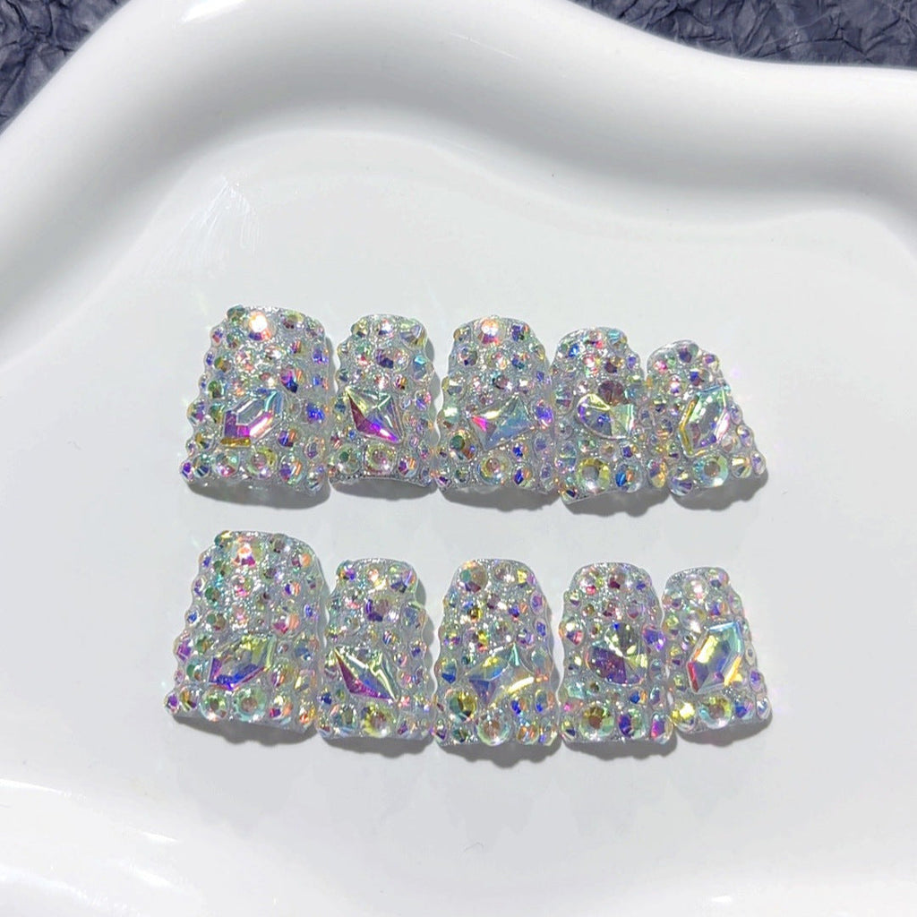 Diamond Dazzle: "Aurora Crystal" – Short Square Handmade Press On Nails – Image 4