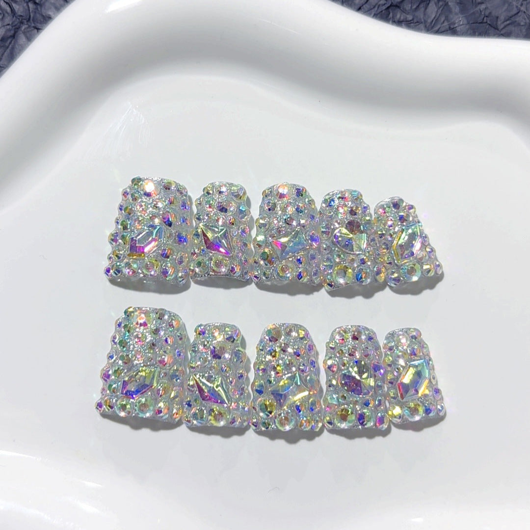 Diamond Dazzle: "Aurora Crystal" – Short Square Handmade Press On Nails – Image 4