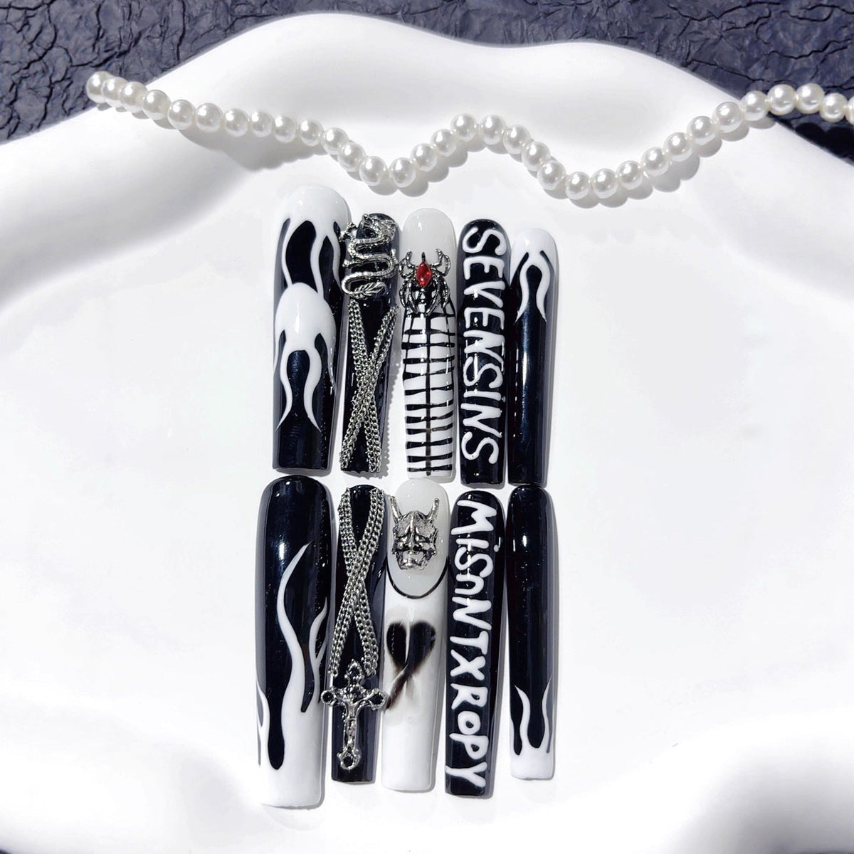 Black White Gothic Cross Flame Statement Press On Nails – Image 2