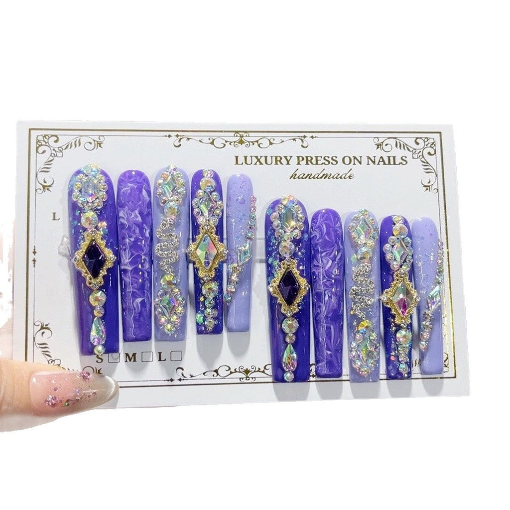 Purple Crystal Embellished Extra Long Press On Nails – Image 5