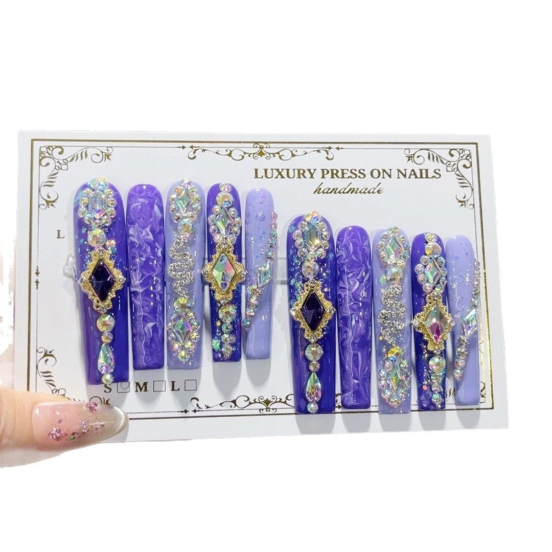 Purple Crystal Embellished Extra Long Press On Nails – Image 5