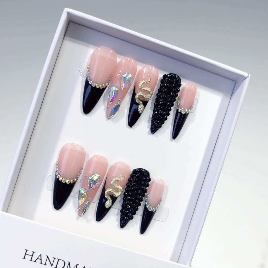 Serpent Noir: "Black French Snake" – Long Stiletto Shape Handmade Press-On Nails – Image 3