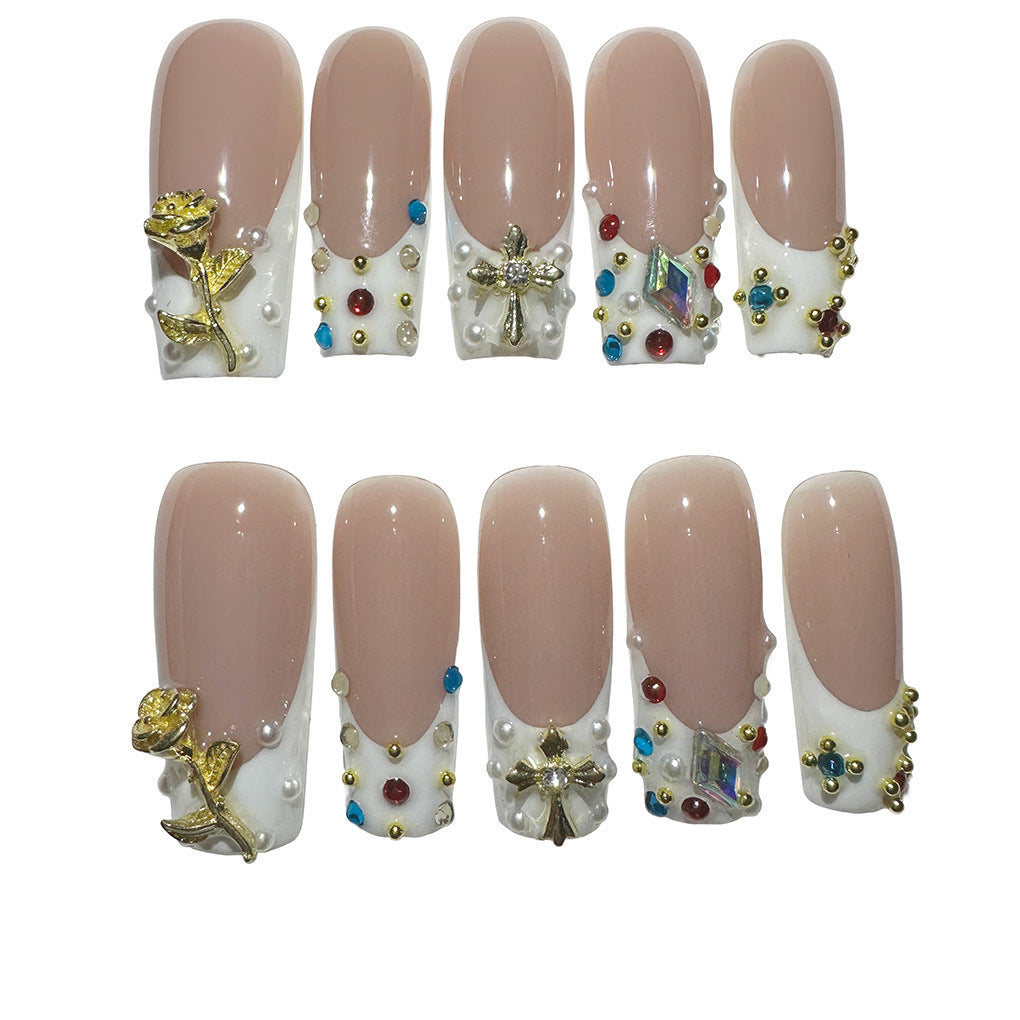 Gemstone Couture Collection: "Jewel Encrusted Nude" – Medium Almond Press-On Nails – Image 6