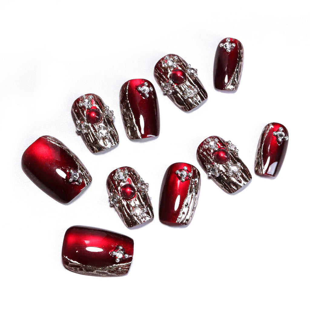 Retro light luxury gemstone cat eye manicure fake nails sub-size red press on nails flash diamond flash nail piece – Image 3
