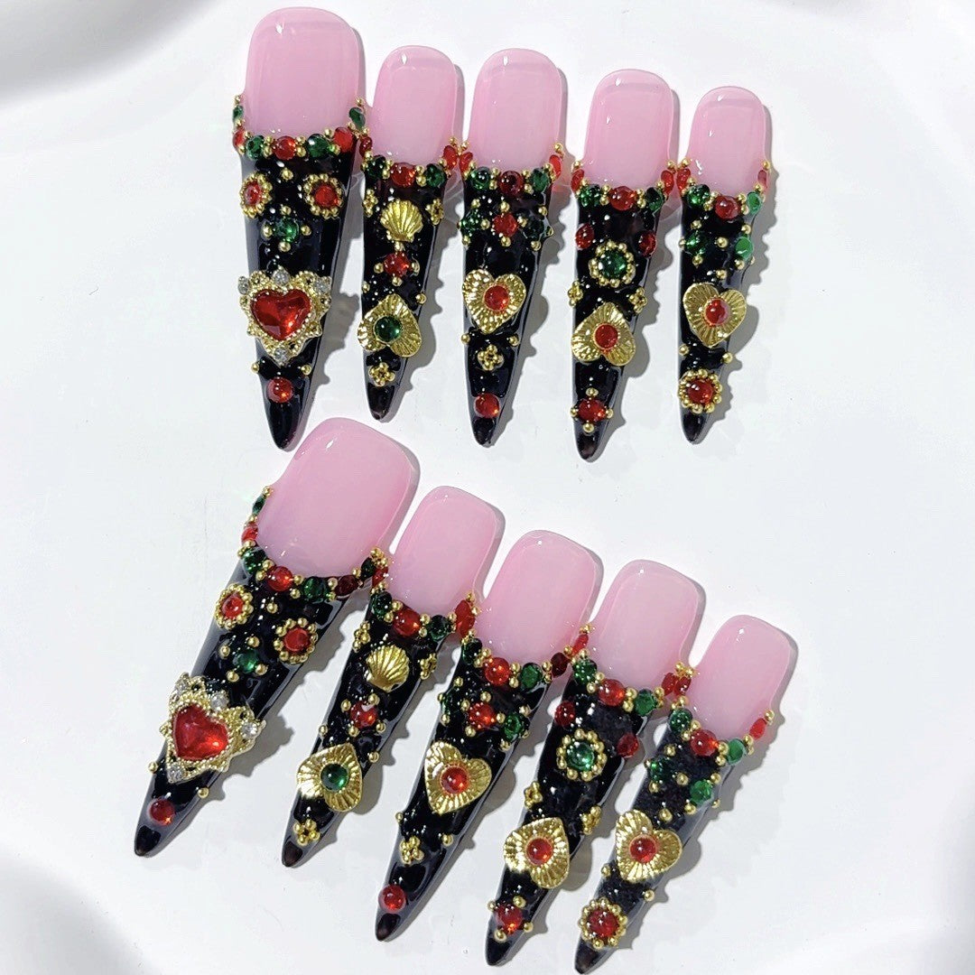 Pink Black Baroque Jewel Statement Press On Nails – Image 2