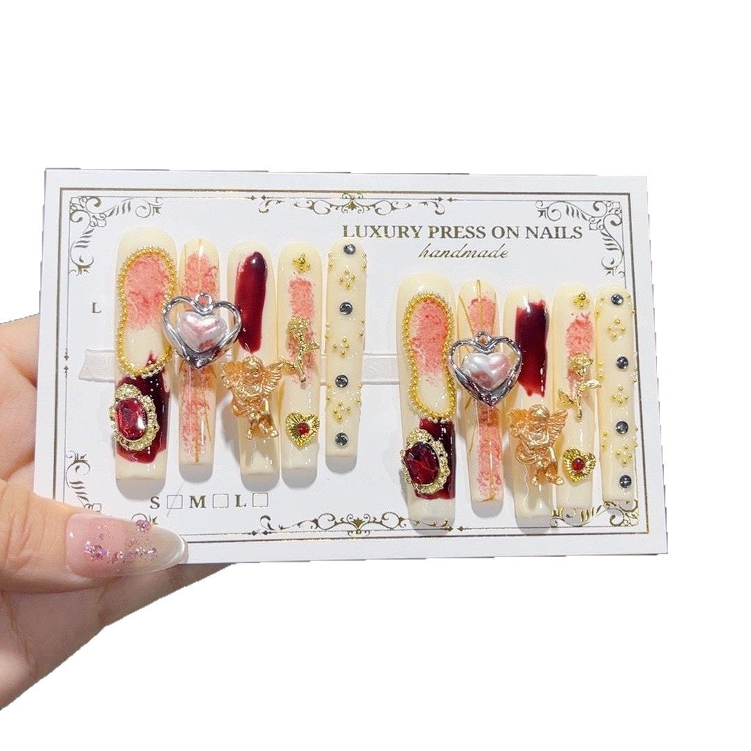 Ivory Red Baroque Heart Crystal Press On Nails – Image 5