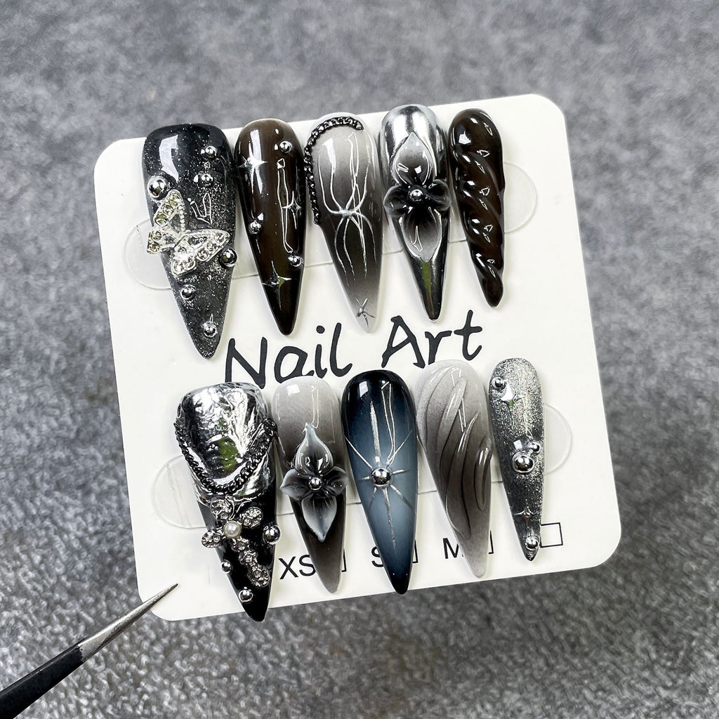 Silver Butterfly by Gattina, luxury hand-crafted press-on nails