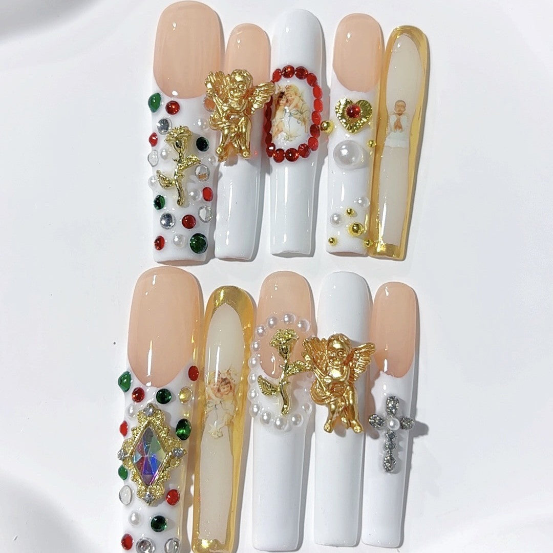 Vintage Baroque Angel Pearl Crystal Press On Nails – Image 2