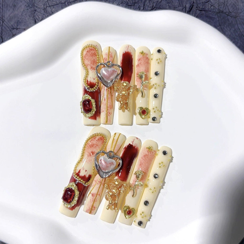 Ivory Red Baroque Heart Crystal Press On Nails – Image 4