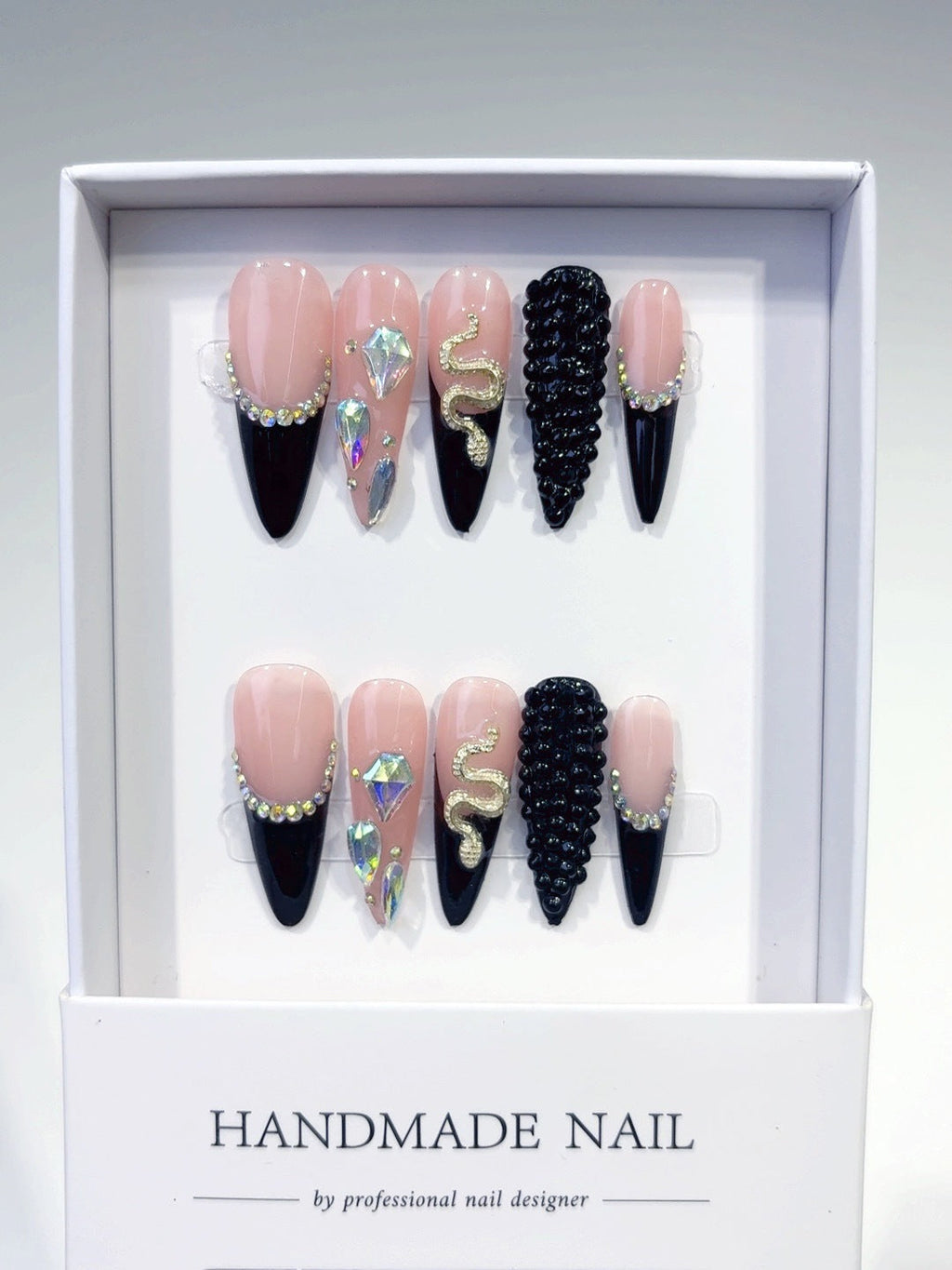 Serpent Noir: "Black French Snake" – Long Stiletto Shape Handmade Press-On Nails – Image 6