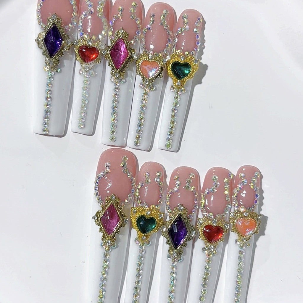 Multicolor Heart Gem Extra Long Press On Nails – Image 3