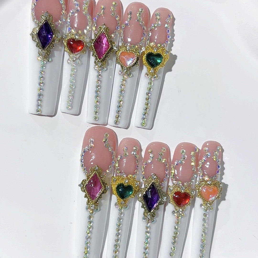 Multicolor Heart Gem Extra Long Press On Nails – Image 3