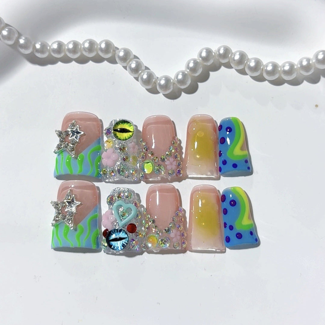 Y2K Ocean Dream: "Neon Tide" – Almond Press-On Nails – Image 4