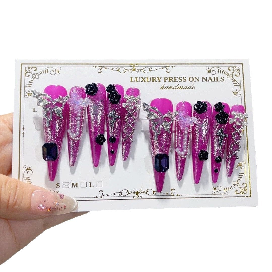 Purple Gothic Rose Crystal Statement Press On Nails – Image 5