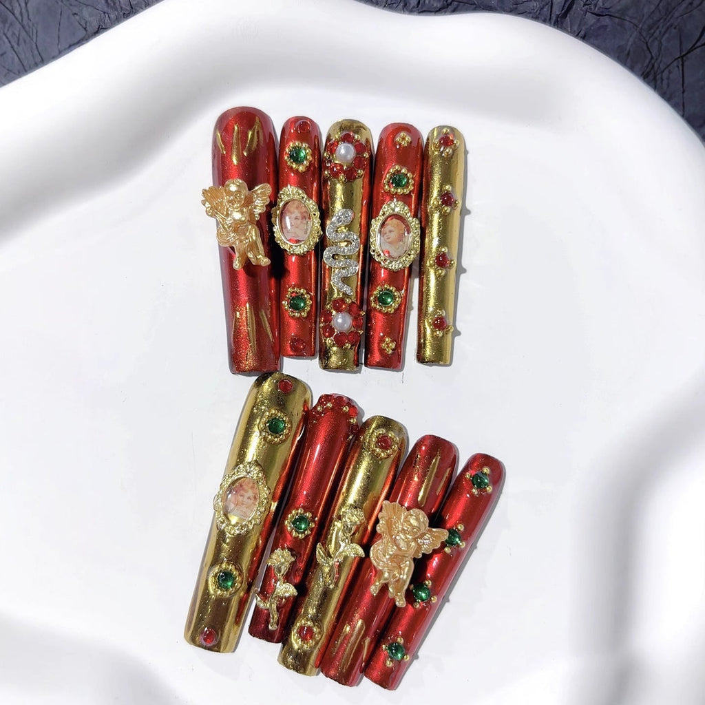 Luxury Red Gold Extra Long Coffin Press On Nails – Image 4